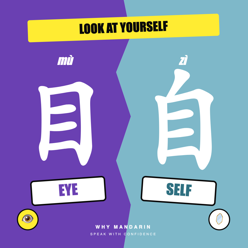 Visual comparison of 目, eye, and 自, self